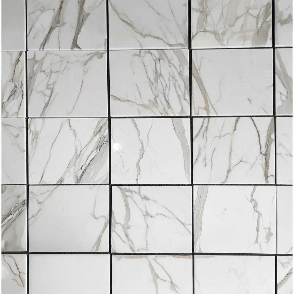 White marble-patterned tile grid for Calacatta Gold Marble Shower Corner Shelf