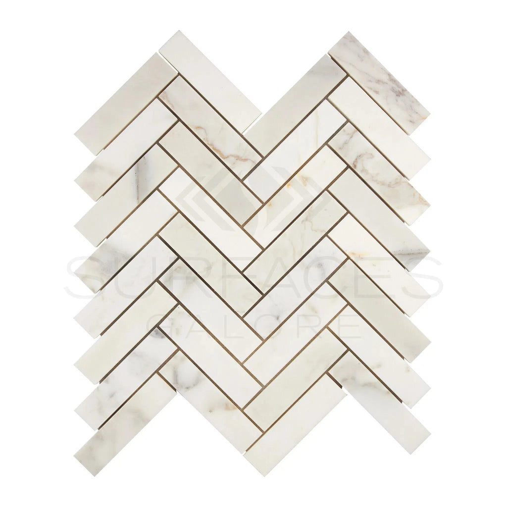 Calacatta Gold Italian Premium 1X4 Herringbone Mosaic Marble Tile Polished - Honed - SurfacesGalorePolished