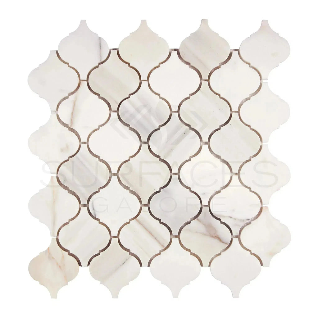 Arabesque marble mosaic tile in Calacatta Gold Lantern design, polished or honed finish