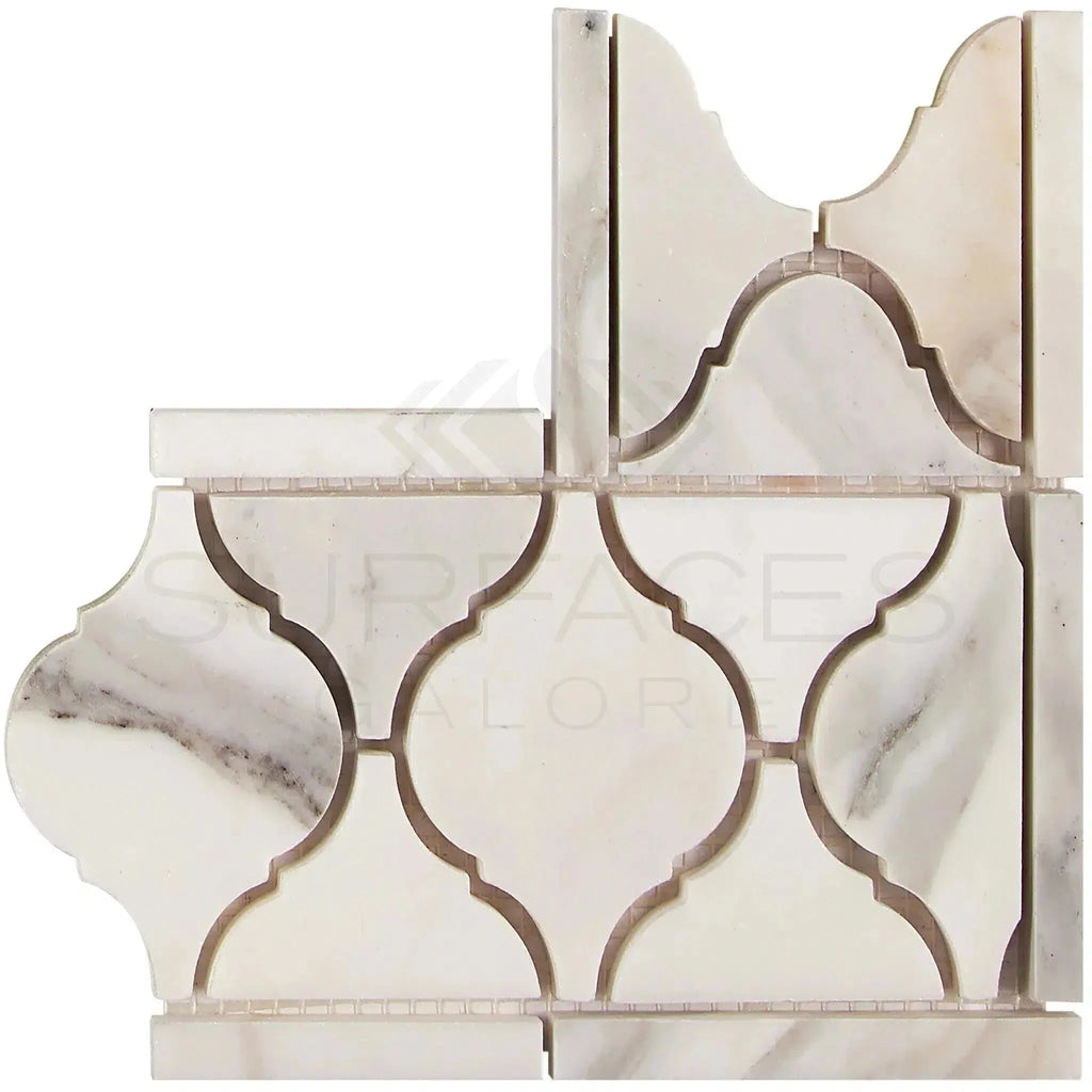 Calacatta Gold Lantern Corner Marble Tile in polished Arabesque design for luxury decor