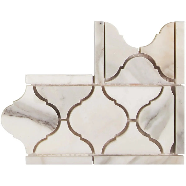 Arabesque marble tile featured in Calacatta Gold Lantern luxury border corner design