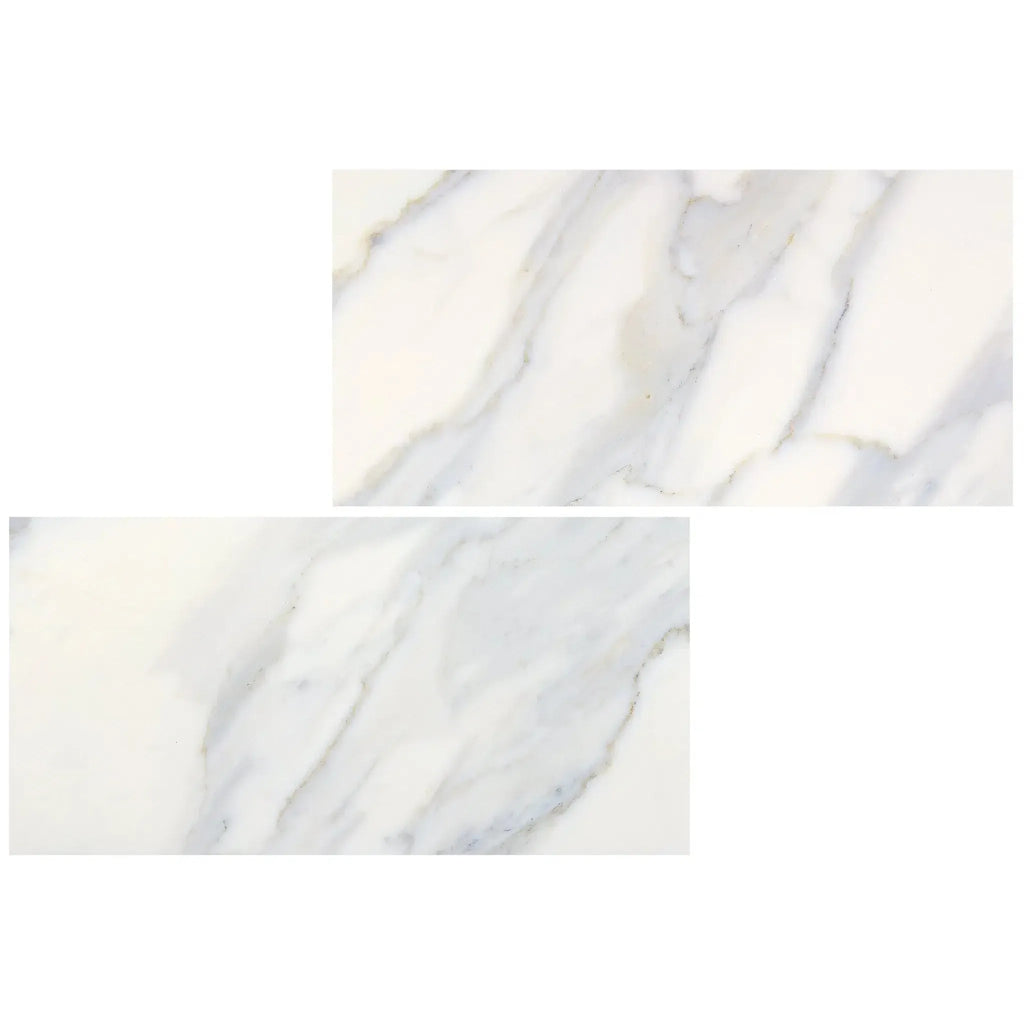 Two Calacatta Gold Marble 12X24 Polished or Honed tiles with elegant marble patterns