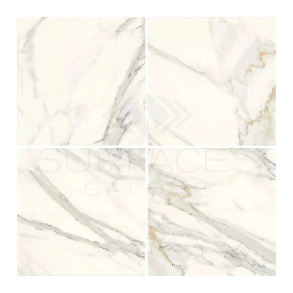 Calacatta Gold Marble 18x18 Polished or Honed showcasing four elegant marble-patterned tiles