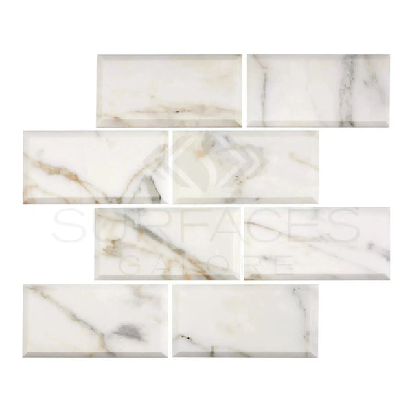 Calacatta Gold Marble 3X6 Deep-Beveled Polished-Honed white marble-patterned tiles