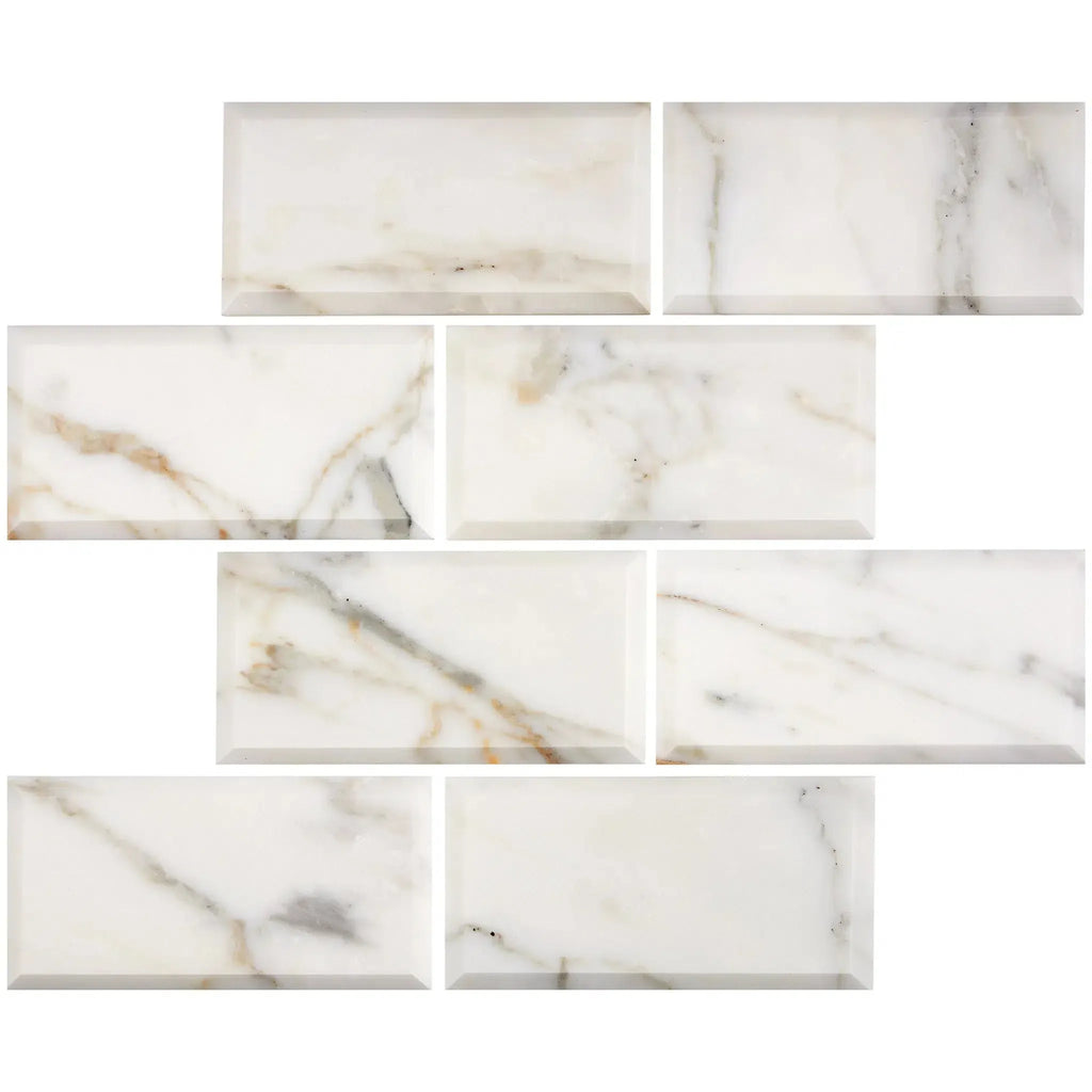 Calacatta Gold Marble 3X6 Deep-Beveled Polished-Honed Rectangular Tiles Display