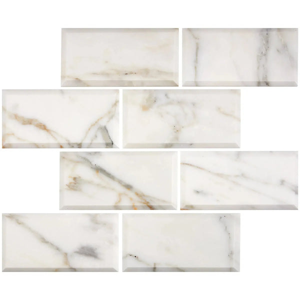 Calacatta Gold Marble 3X6 Deep-Beveled Polished-Honed Rectangular Tiles Display