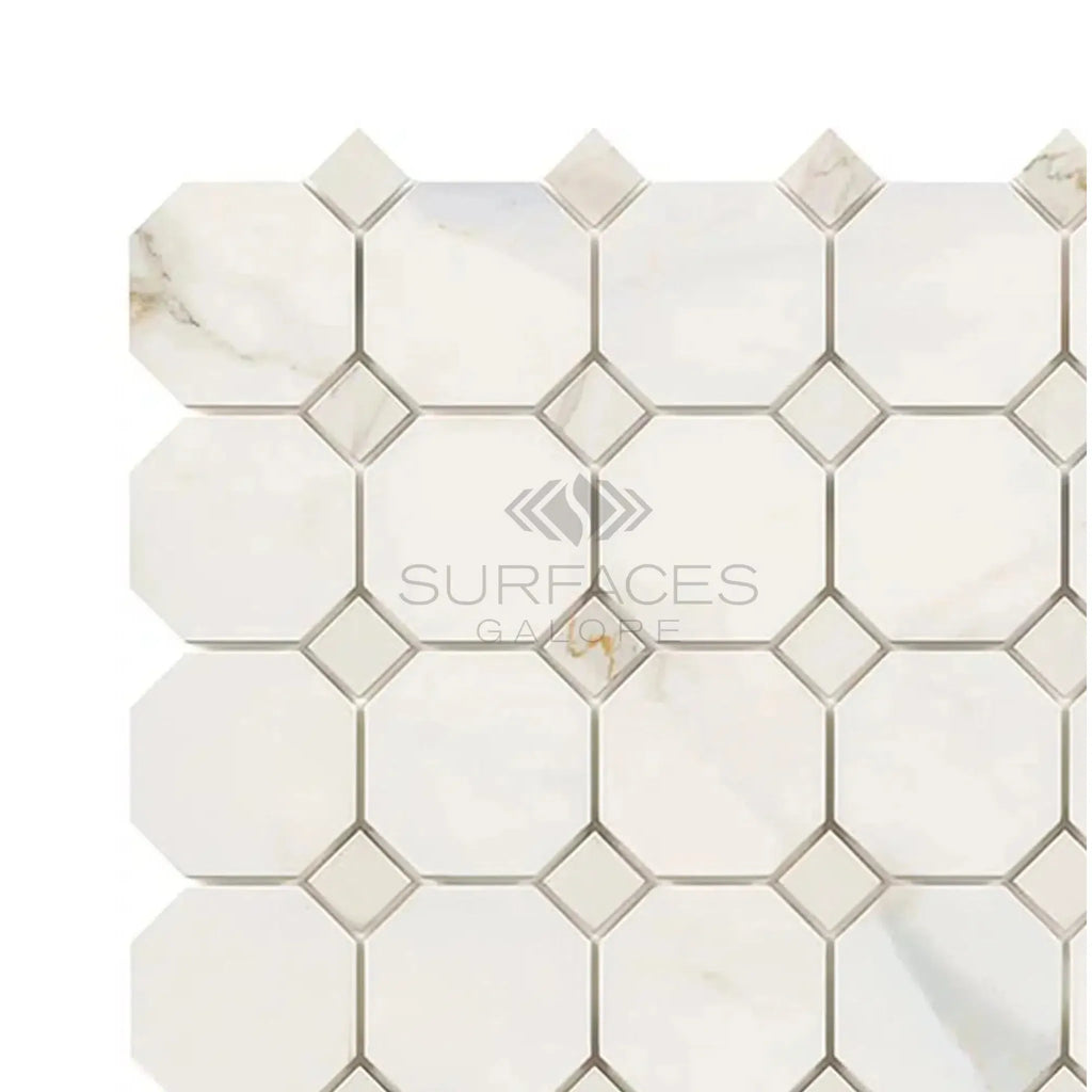 White octagon and diamond tile pattern in Calacatta Gold Mosaic Marble Tile