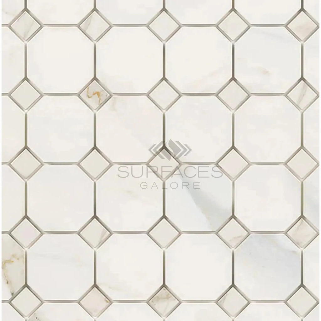 White octagon and diamond tile pattern of Calacatta Gold Mosaic Marble Tile