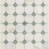 Patterned tile mosaic featuring Calacatta Gold and Ming Green marble in polished finish