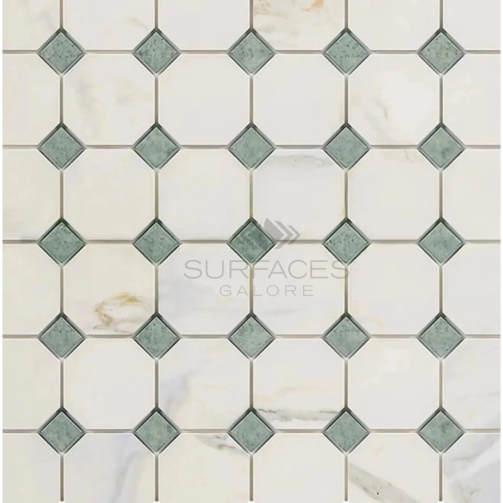 Patterned tile mosaic featuring Calacatta Gold and Ming Green marble in polished finish