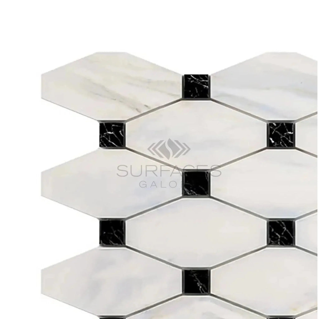 Calacatta Gold Octave Long Octagon Mosaic Marble Tile in Black and White Finish