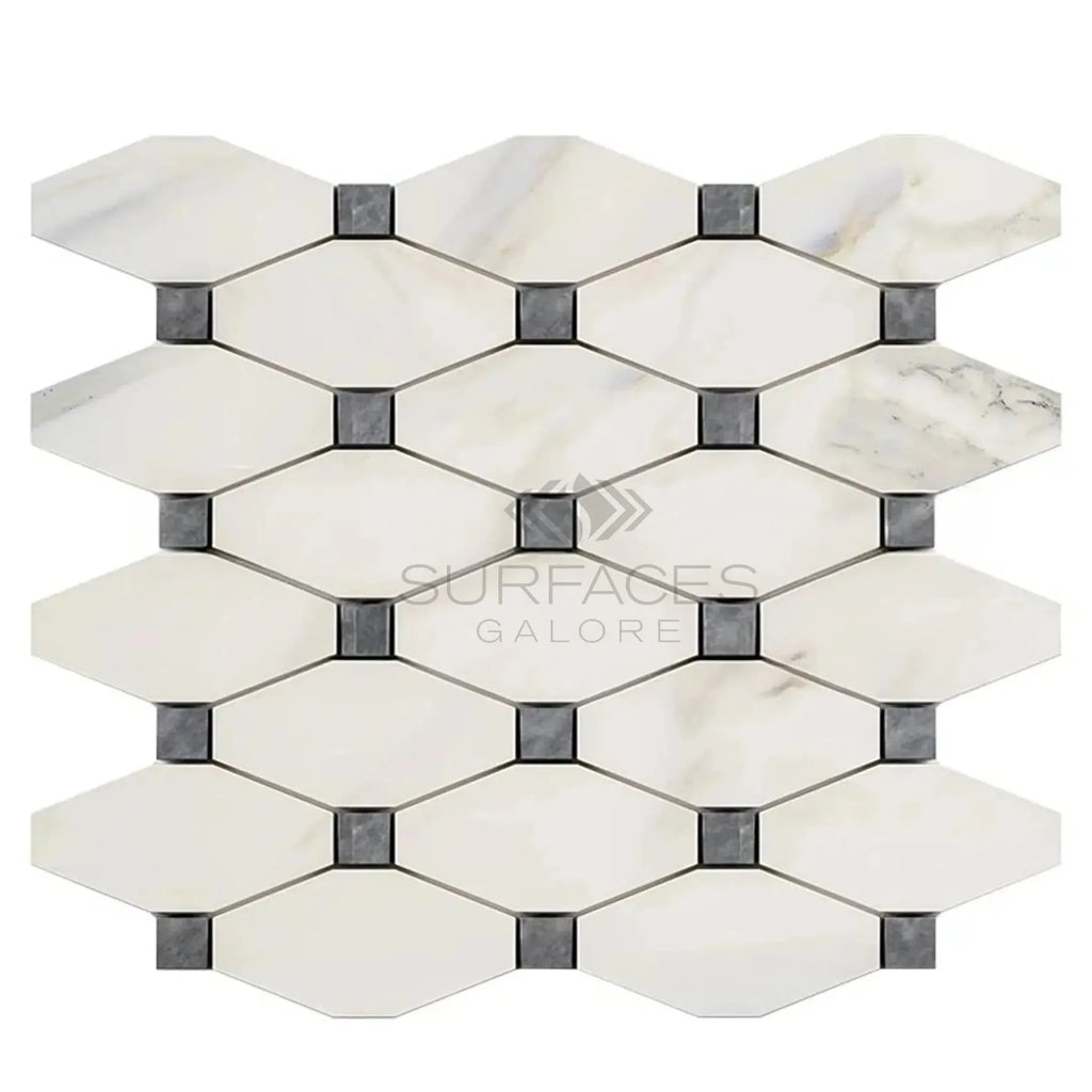 Calacatta Gold Octave Long Octagon Mosaic Marble Tile with Blue-Gray Polished Finish