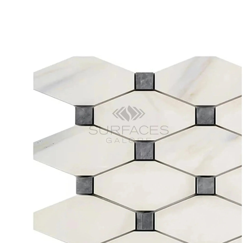 Geometric marble tile pattern of Calacatta Gold Octave Mosaic with Blue-Gray accents