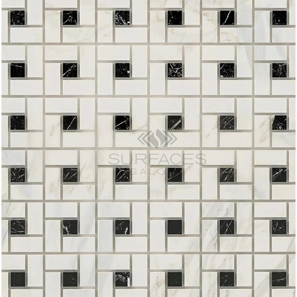 Geometric mosaic tile pattern of Calacatta Gold Pinwheel with Black Marble