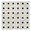 Calacatta Gold Pinwheel Mosaic Marble Tile with Black, showcasing elegant tile pattern