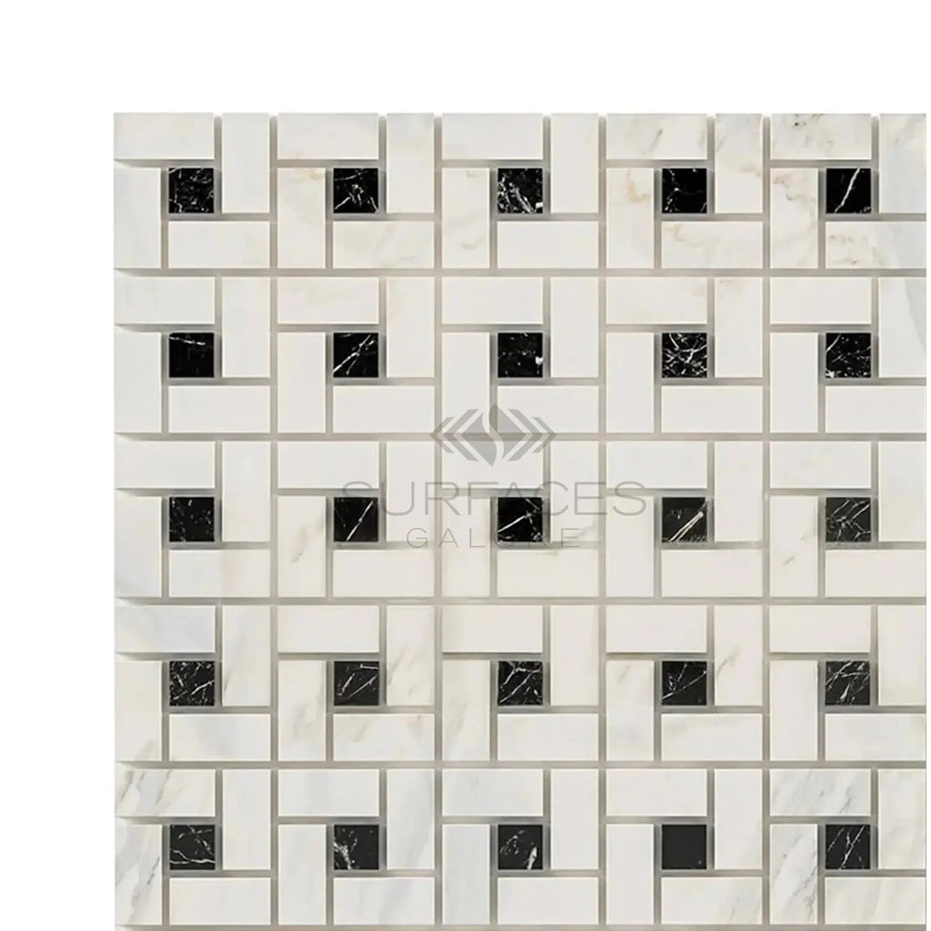 Calacatta Gold Pinwheel Mosaic Marble Tile featuring a white and black pattern