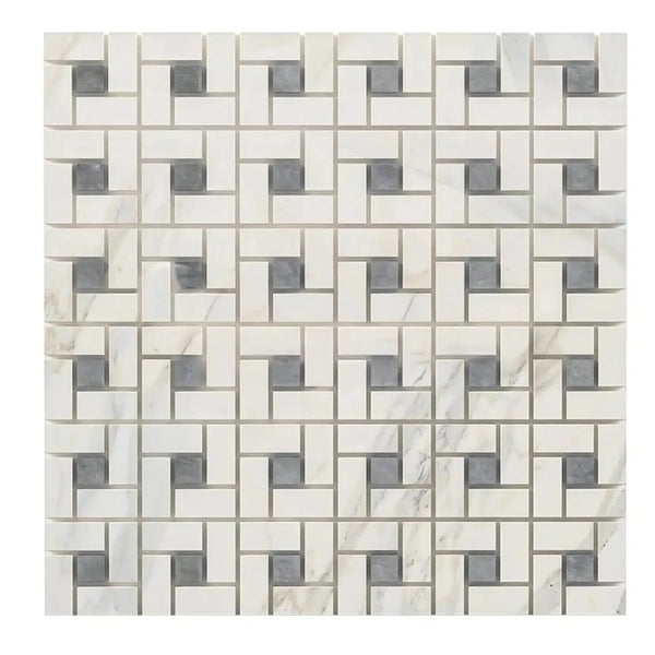 Geometric mosaic tile pattern in Calacatta Gold Pinwheel Marble with Blue-Gray accents