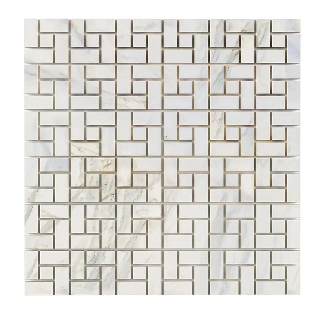 Calacatta Gold Pinwheel Mosaic Marble Tile in polished and honed white marble pattern