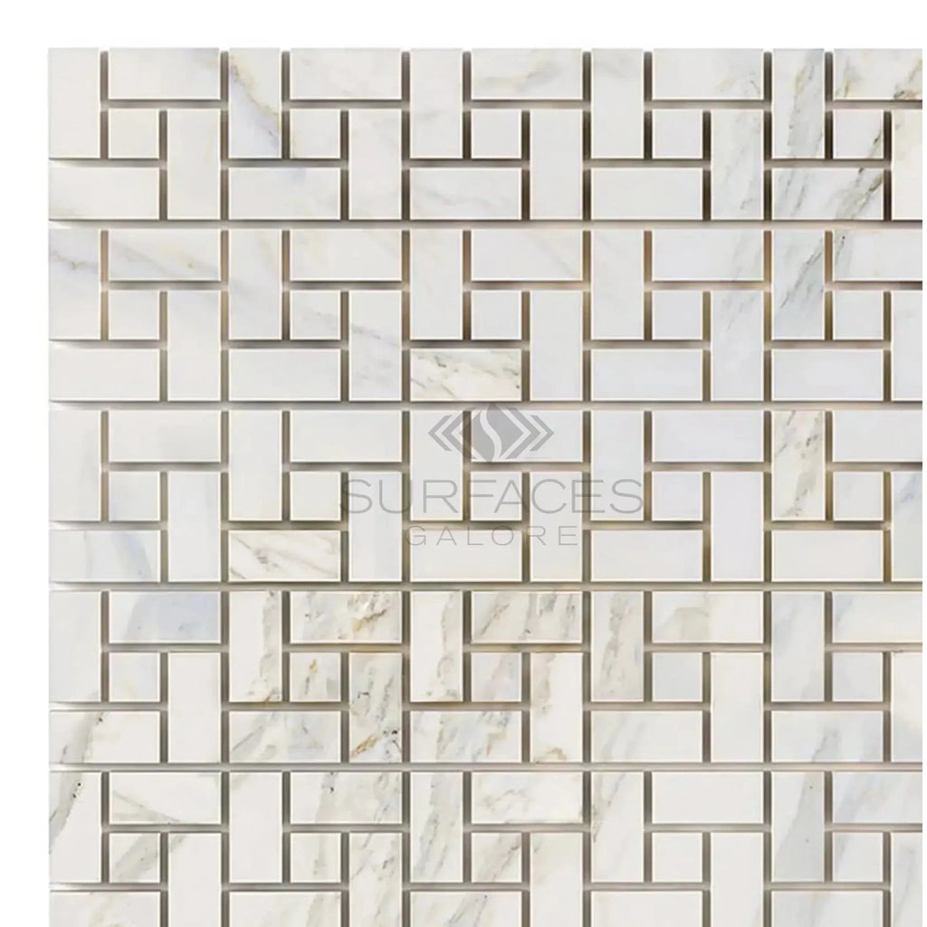 Calacatta Gold Pinwheel Mosaic Marble Tile featuring elegant white marble design