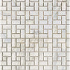 White marble mosaic tile pattern of Calacatta Gold Pinwheel in polished and honed finish