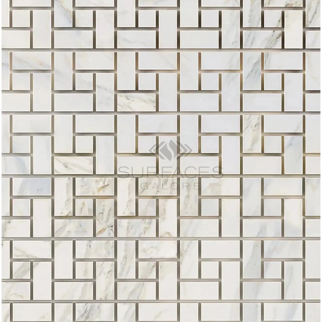 White marble mosaic tile pattern of Calacatta Gold Pinwheel in polished and honed finish