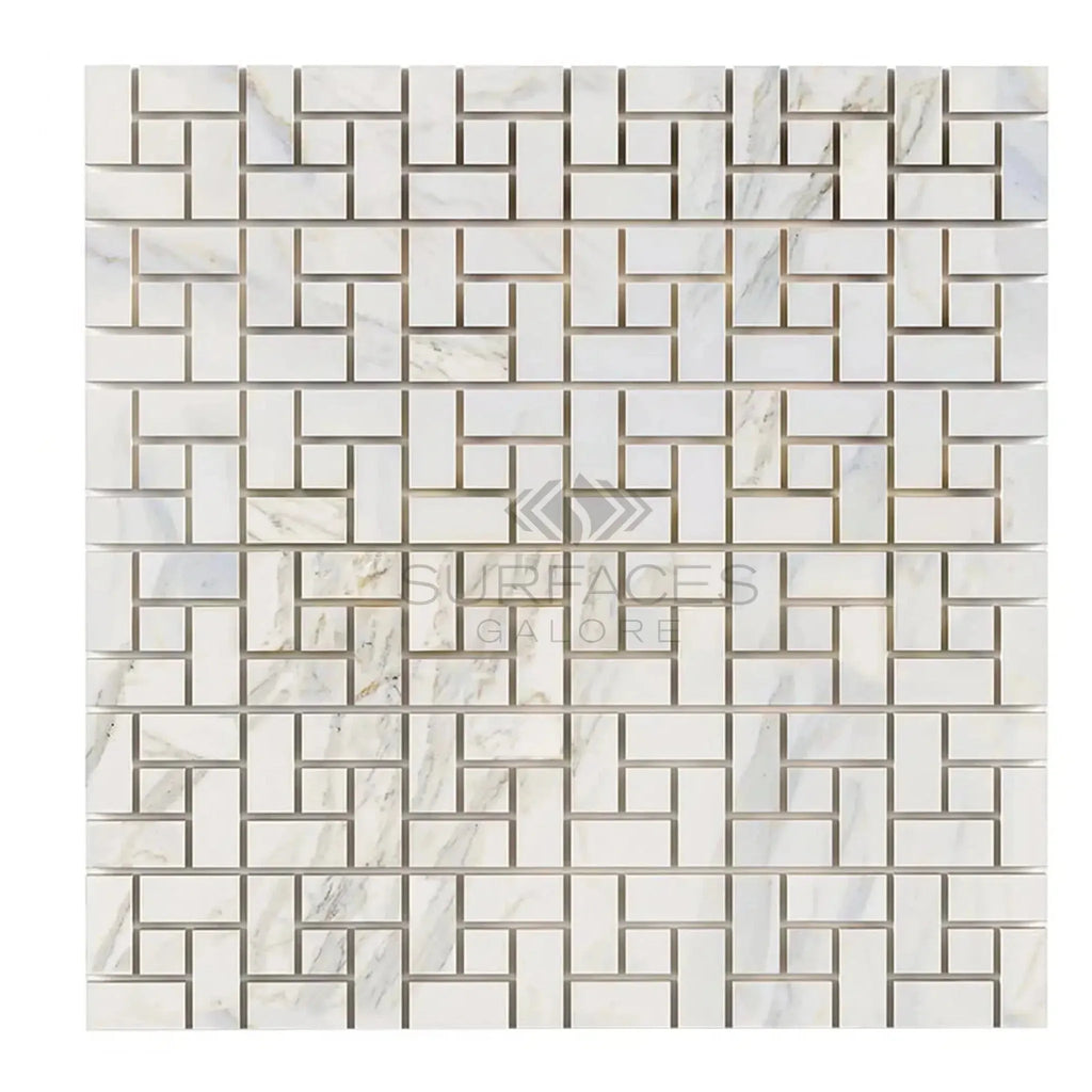 White marble mosaic tile in Calacatta Gold Pinwheel design, polished or honed finish