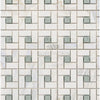 Calacatta Gold Pinwheel Mosaic Marble Tile with Ming Green Geometric Pattern Design