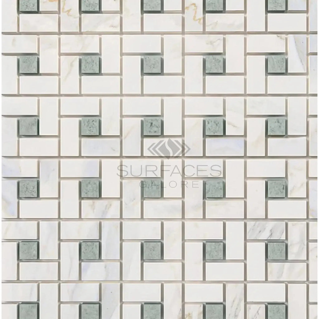 Calacatta Gold Pinwheel Mosaic Marble Tile with Ming Green Geometric Pattern Design