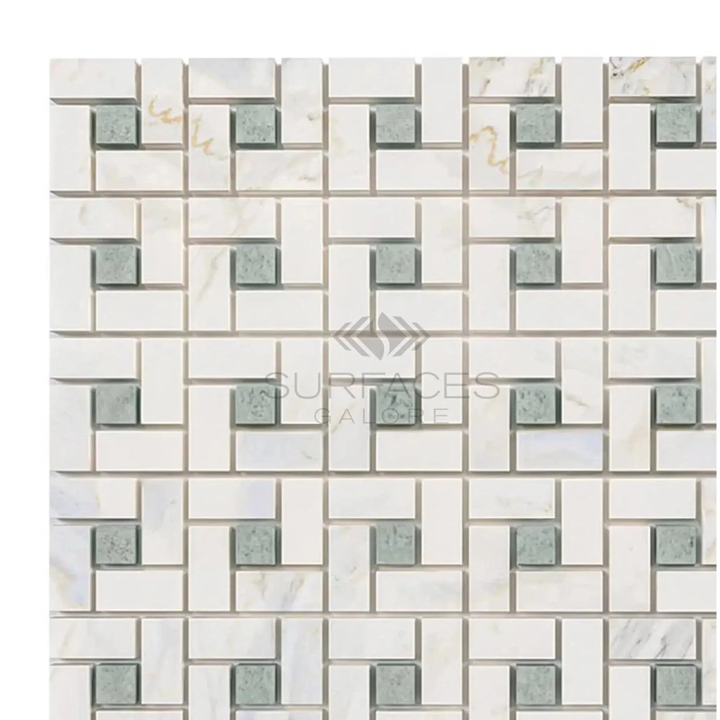 Mosaic tile pattern featuring Calacatta Gold Pinwheel with Ming-Green Marble finish