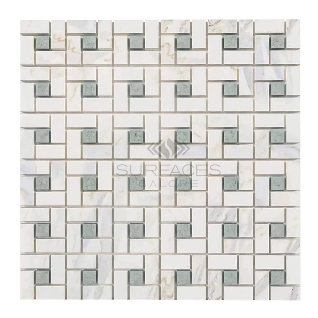 Calacatta Gold Pinwheel Mosaic Marble Tile with Ming-Green Pattern in Polished Finish