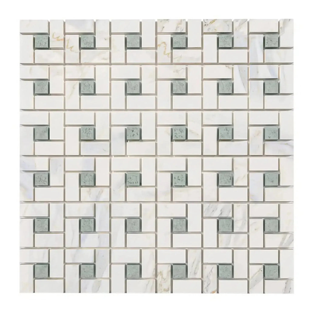 White and gray mosaic tile pattern of Calacatta Gold Pinwheel Marble Tile Polished or Honed