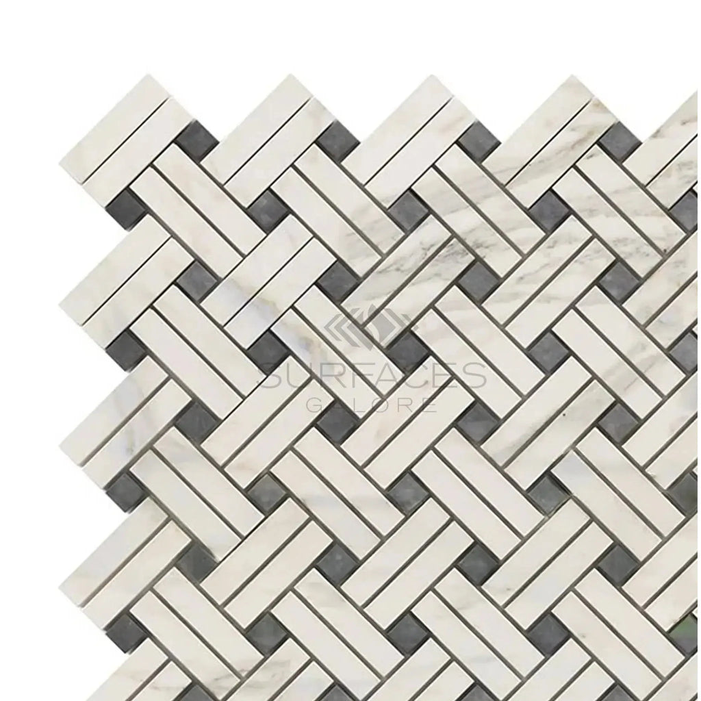 Herringbone patterned Calacatta Gold Stanza mosaic marble tile in blue-gray tones