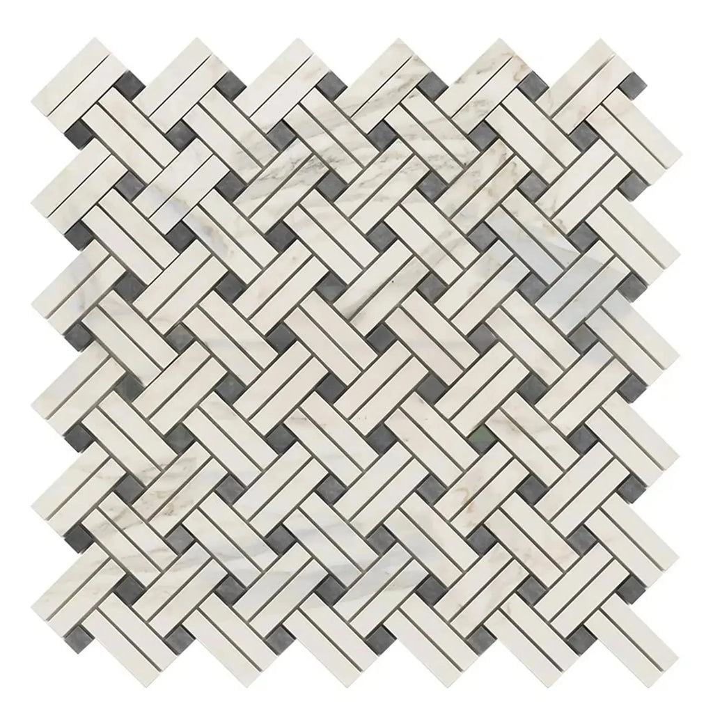 Herringbone pattern mosaic tile from Calacatta Gold Stanza with Blue-Gray finish