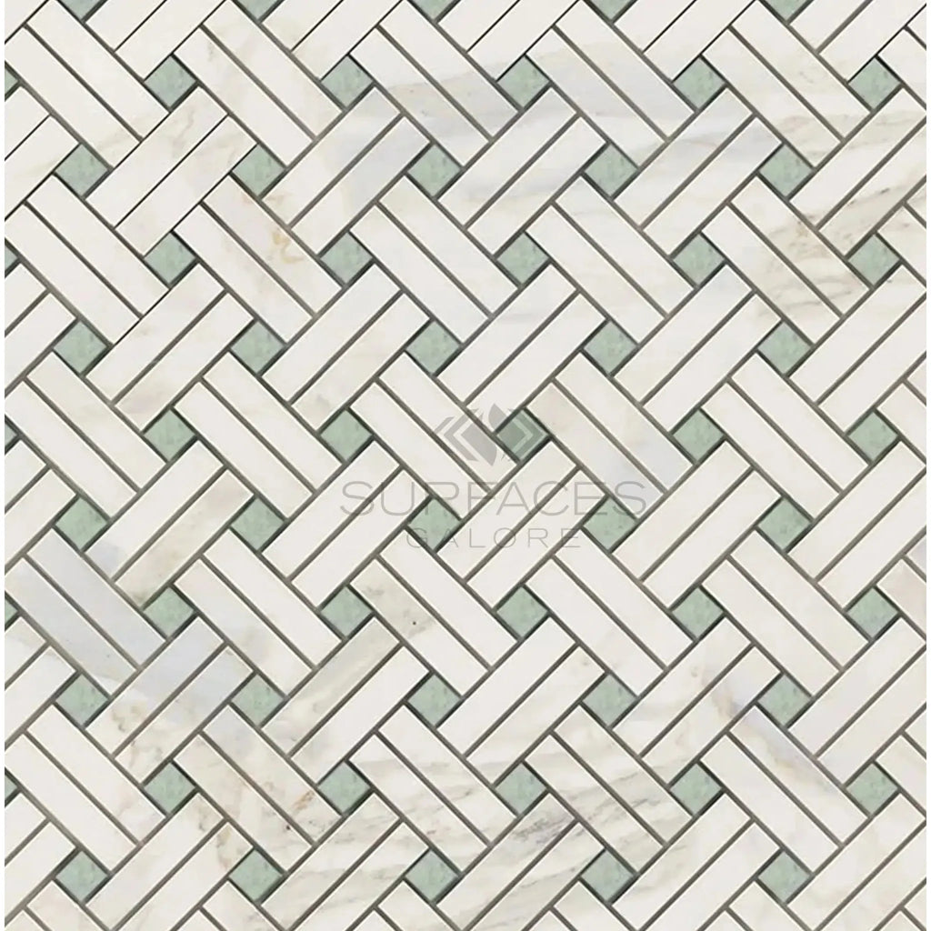 Calacatta Gold Stanza Mosaic Marble Tile in Herringbone pattern with Ming-Green accents