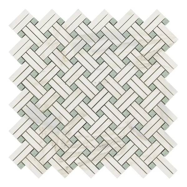 Calacatta Gold Stanza Herringbone Mosaic Tile with Ming-Green Polished or Honed Finish