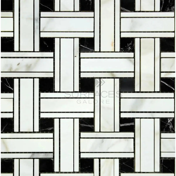 Interwoven black and white marble tile pattern of Calacatta Gold Triple-Weave Mosaic