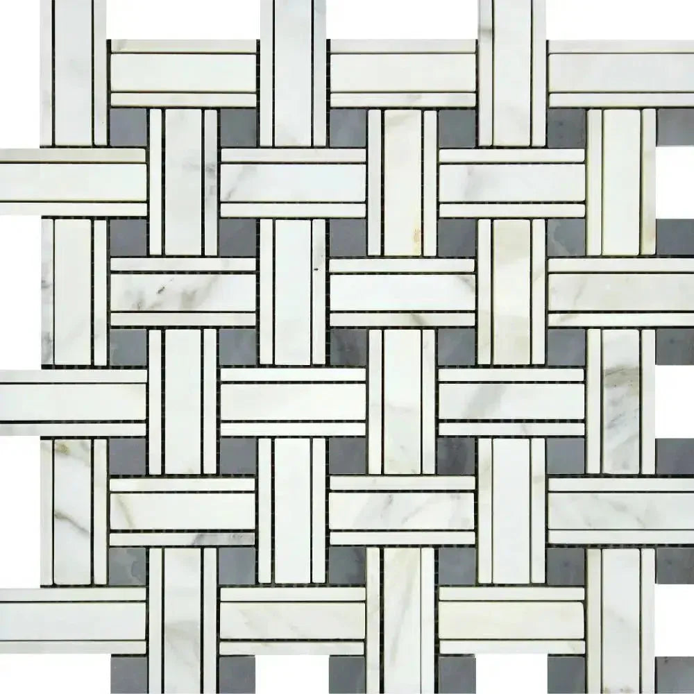 Woven marble tile pattern of Calacatta Gold Triple-Weave Mosaic with Blue-Gray accents