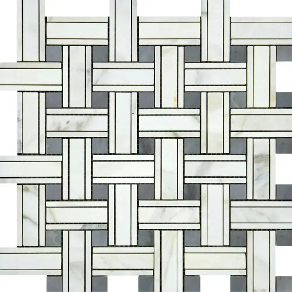 Woven marble tile pattern of Calacatta Gold Triple-Weave Mosaic with Blue-Gray accents