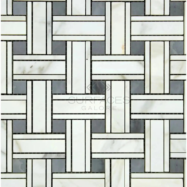 Woven pattern of white and gray marble tiles in Calacatta Gold Triple-Weave Mosaic