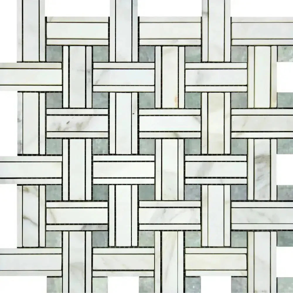 Woven marble tile pattern featuring Calacatta Gold and Ming Green polished mosaic finish