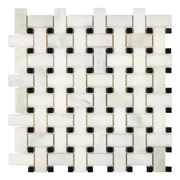 Woven white and black mosaic tile in Calacatta Oliva Marble Basketweave design