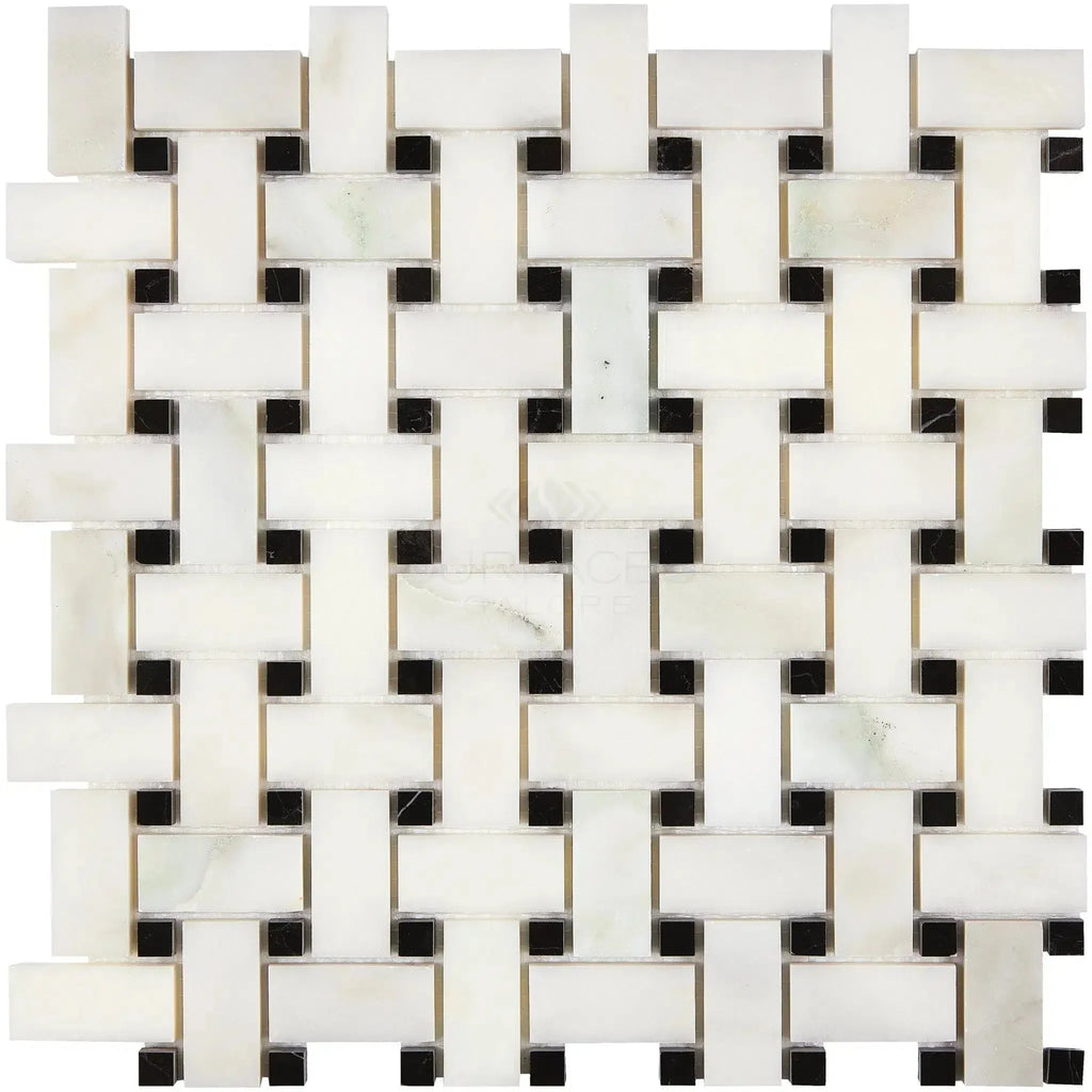 Woven white and black mosaic tile in Calacatta Oliva Marble Basketweave design