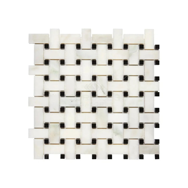 Woven white and black marble tile from Calacatta Oliva Marble Basketweave collection