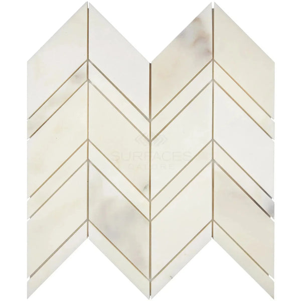 Calacatta Oliva Marble Chevron Mosaic Tile in polished and honed finishes