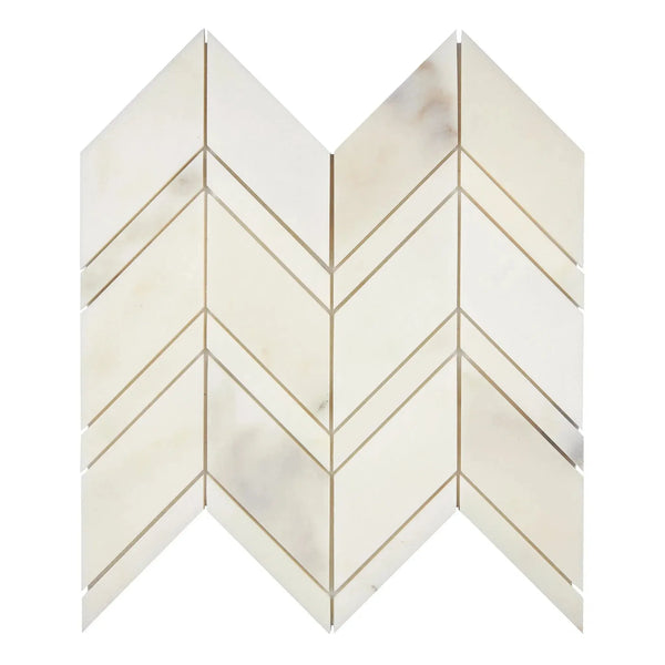 Calacatta Oliva Marble Chevron Mosaic Tile in polished and honed finishes