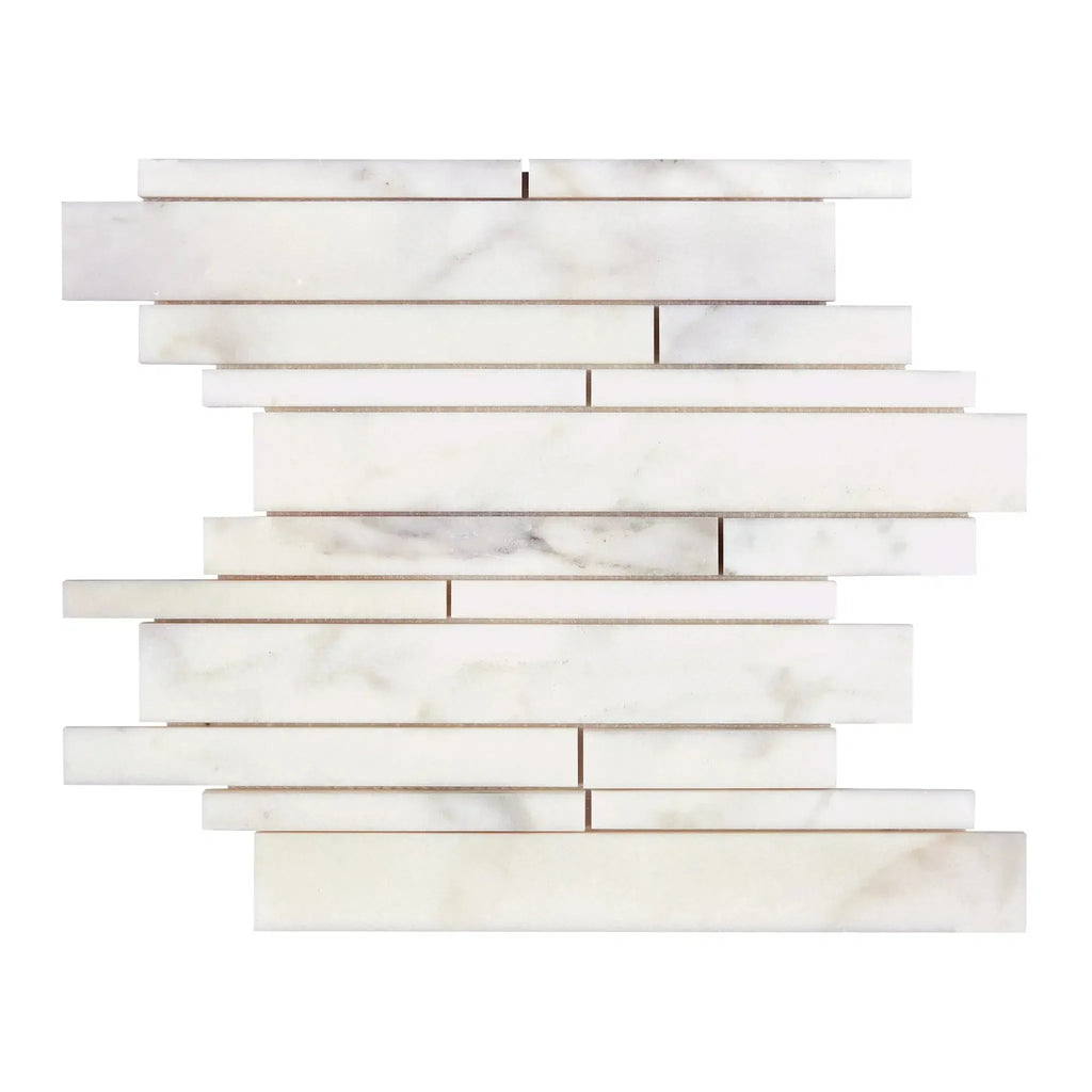 Calacatta Oliva Marble Manhattan Random-Strip Mosaic Tile in White Polished Finish