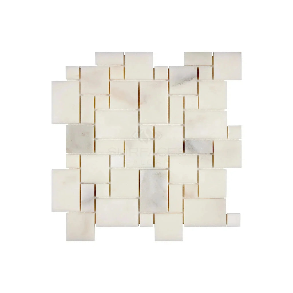 Calacatta Oliva Marble Mini-Versailles Pattern Mosaic Tile in White Polished Finish