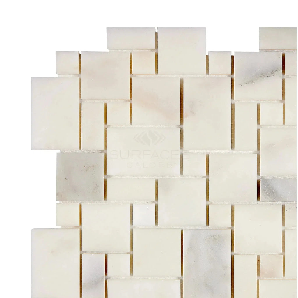 Calacatta Oliva Marble Mini-Versailles Pattern Mosaic Tile in white polished finish