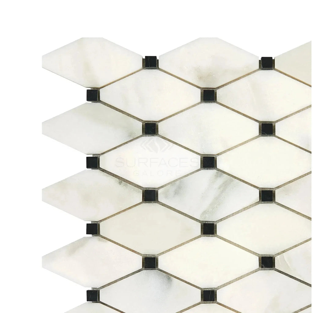 White diamond tile mosaic with black accents in Calacatta Oliva Marble Octave