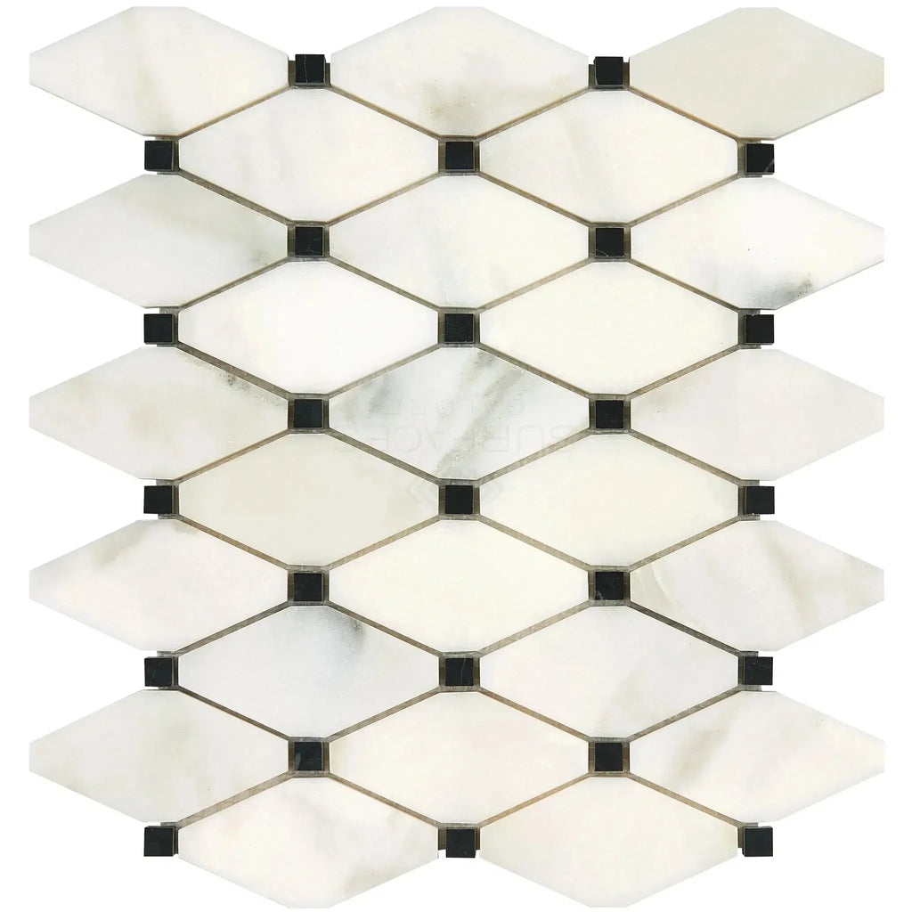 White and black diamond tile pattern in Calacatta Oliva Marble Octave design